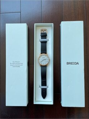 Men's BREDA Black Leather Strap Watch with Rose Gold Case